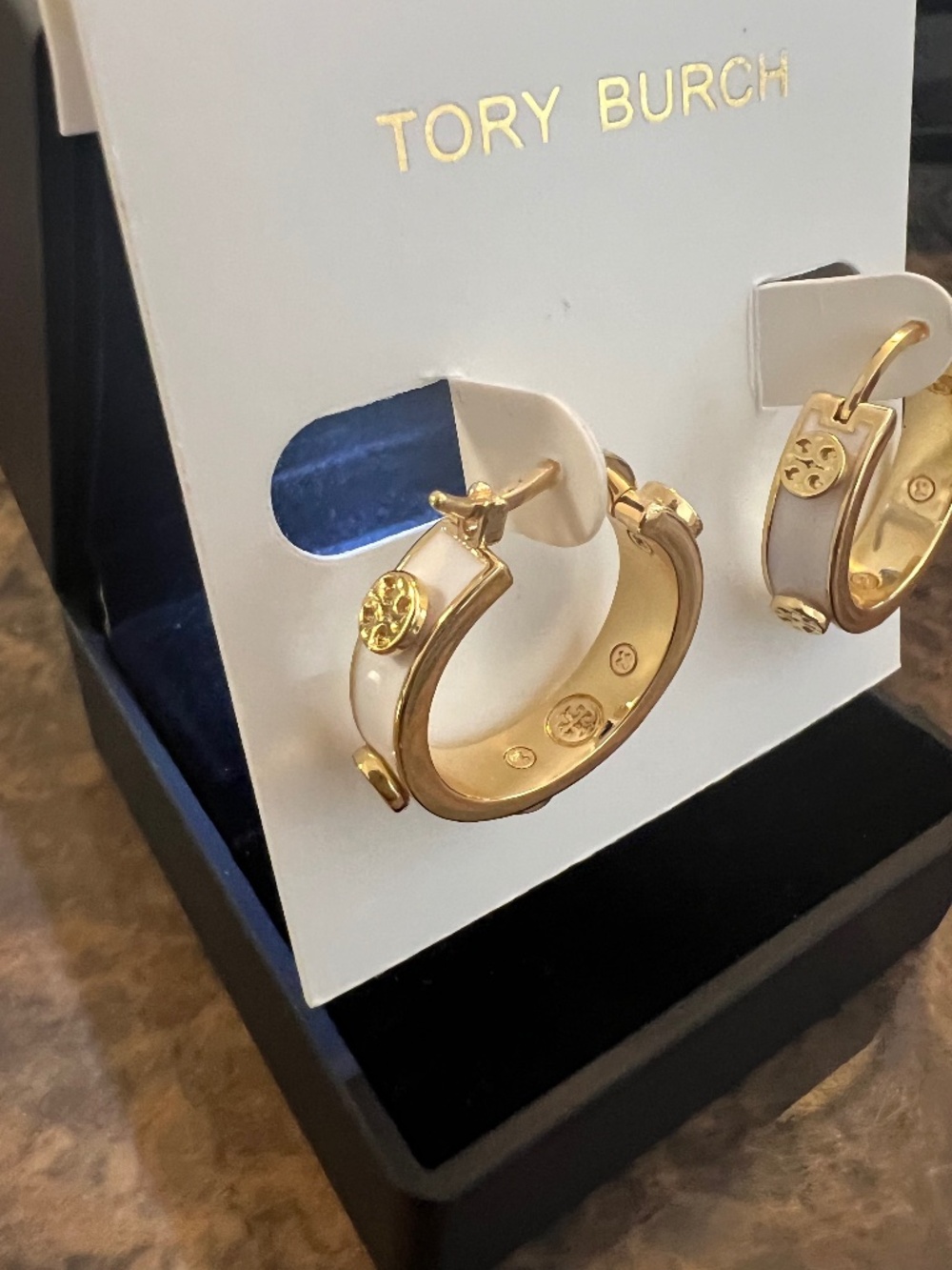NWT Tory Burch Gold and White Small Hoop Earrings